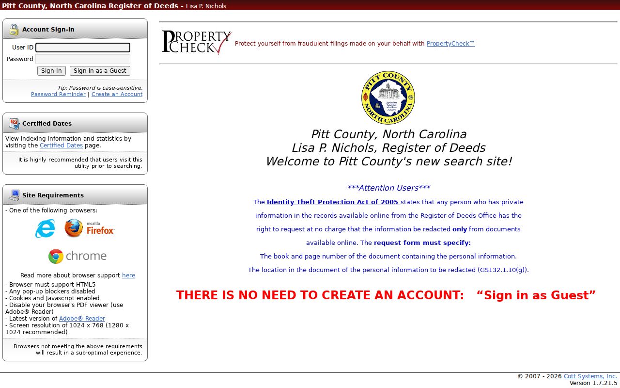 Greenville residents directory view of the Pitt County Register of Deeds guest search