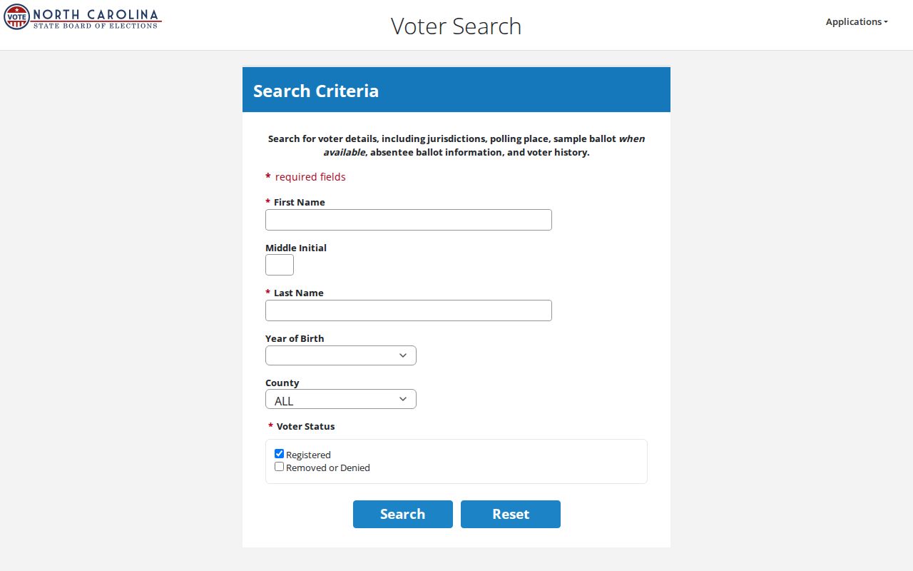Greenville residents directory view of North Carolina voter search fields