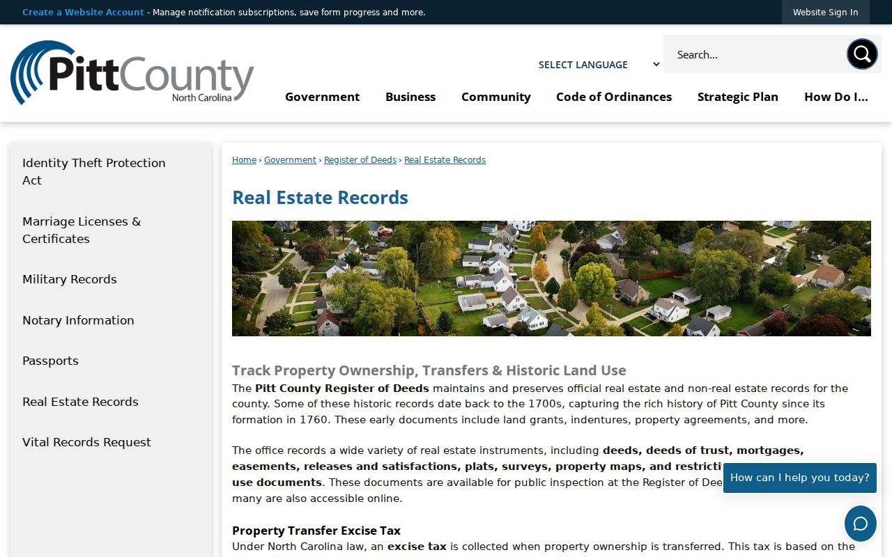 Greenville street directory image of Pitt County real estate record coverage and search options