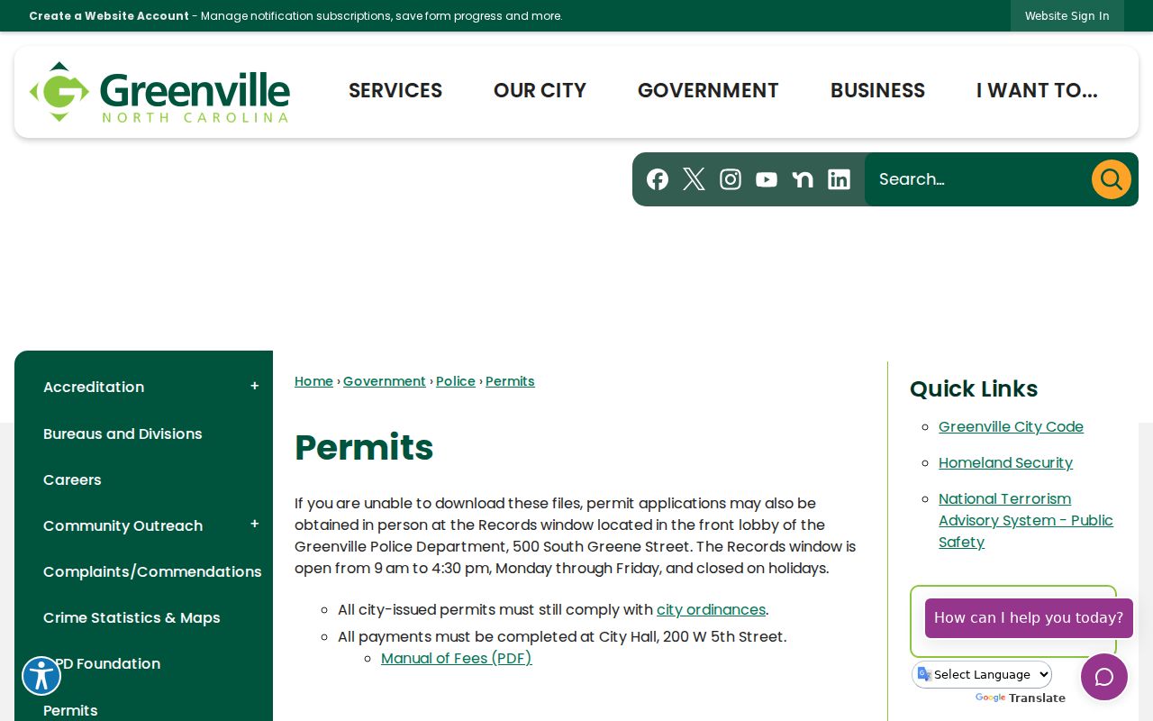 Greenville street directory image of the city permits service and address-record pathway
